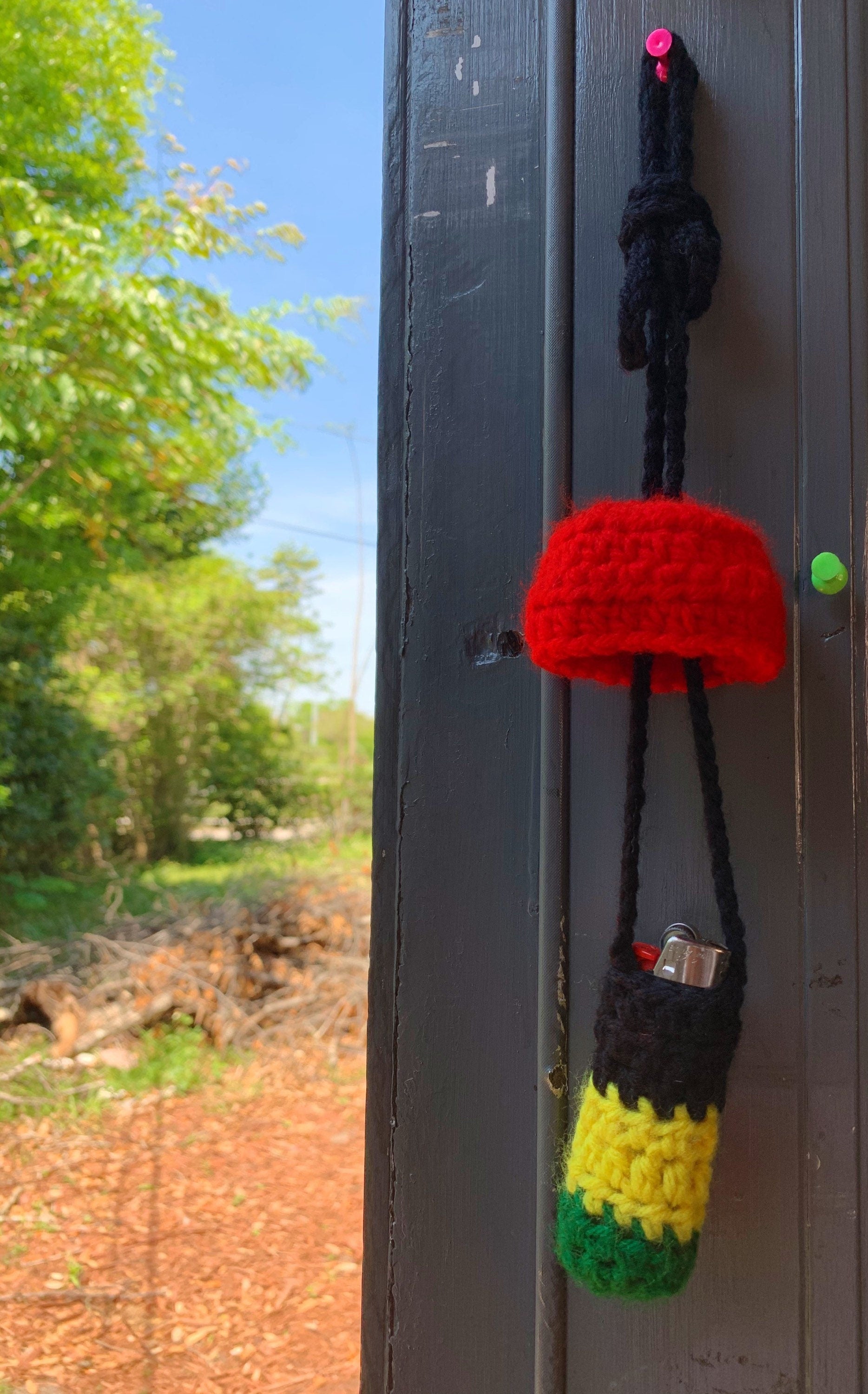 Handmade Rasta Mushroom Lighter Leash Necklace | Handmade Rasta Mushroom Chapstick Holder Necklace
